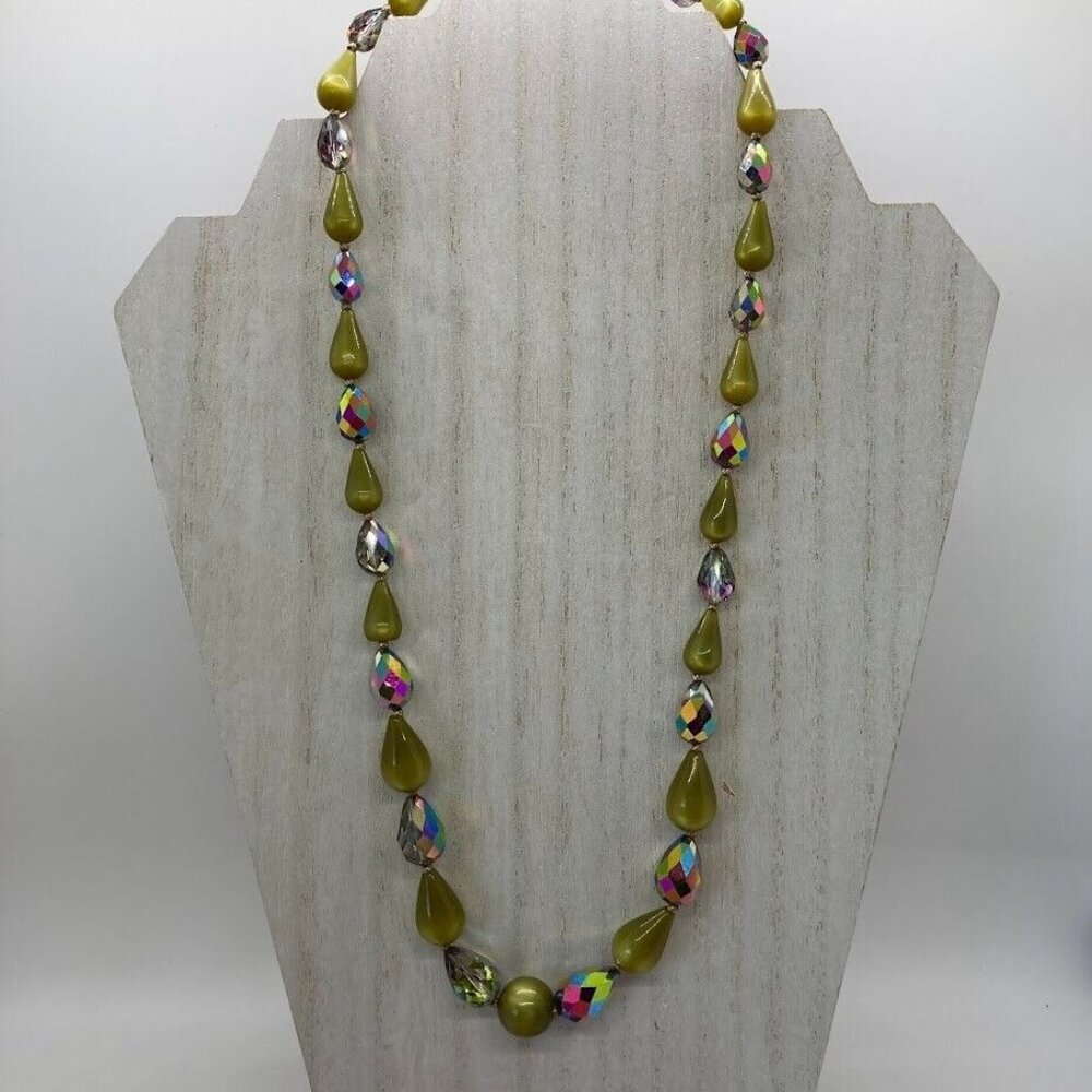 Beaded Teardrop 24" Necklace Vintage Peridot‎ Green Faceted Aurora Borealis
